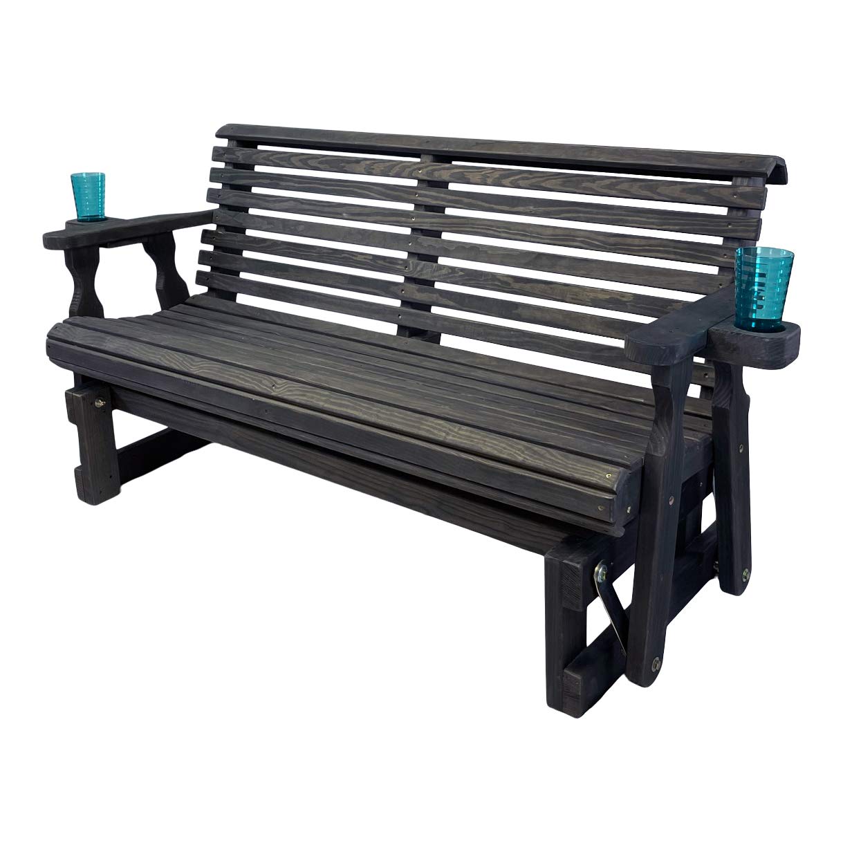 Amish Casual Heavy Duty 800 Lb Roll Back Pressure Treated Porch Glider with Cupholders (4 Foot, Semi Solid Black Stain)