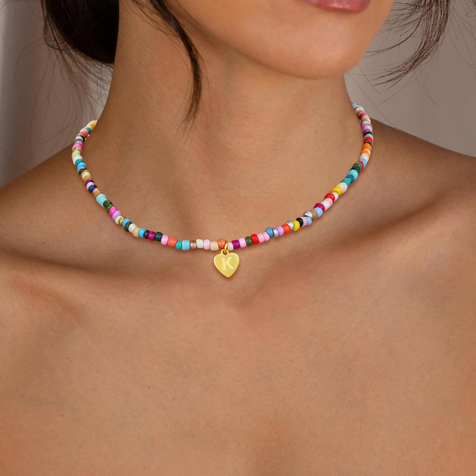 Esmoly Colorate Perle Collana Donna con Lettera A-Z Argento/18K Oro Regalo Compleanno Donna Ragazza 14+2 Inches