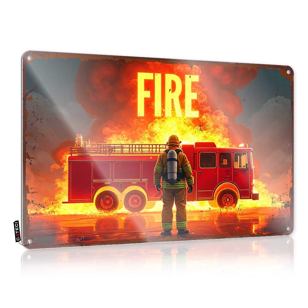 Fzfn Colour Funny Wall Signs Pool Decor Wall Decor | Firefighter Braving Flames: A Heroic Scene Nostalgic For Basement Bar Home(20X30cm)