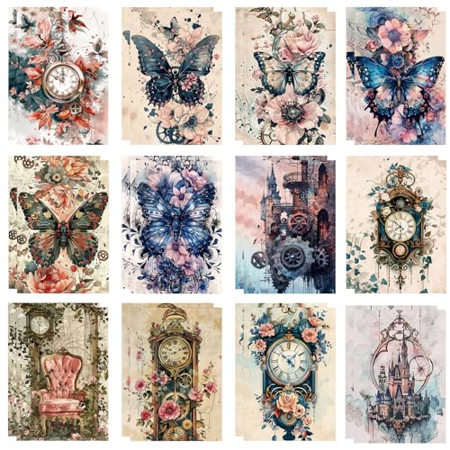 Papel Scrapbooking, 24 Hojas Vintage Papel Decorativo Manualidades Tema Flores Papels Decoupage, Scrapbooking Materiales para Tarjetas de Felicitación, Tarjetas de Fondo, Diarios (A, 14,5 x 10 cm)