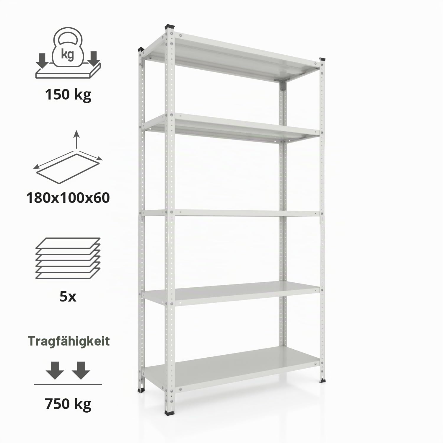 Metallregal 180x100x60 cm, 5 Böden, 250 kg, Weiß, Vorratsregal | Platzsparend für Speisekammer, Abstellraum und Keller, variable Ablagen zur übersichtlichen Lagerung von Vorräten und Kisten.