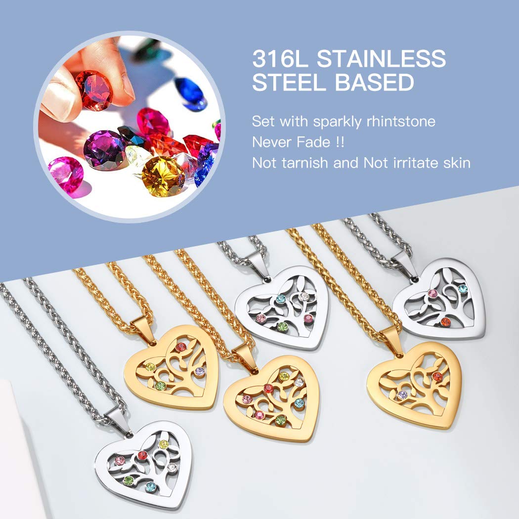 Suplight Collana da Donna con Albero della Vita Cuore Personalizzata con Pietra di Nascita e 2-7 Nomi in Argento Sterling 925/Acciaio Inossidabile Confezione Regalo Per Donna e Ragazza