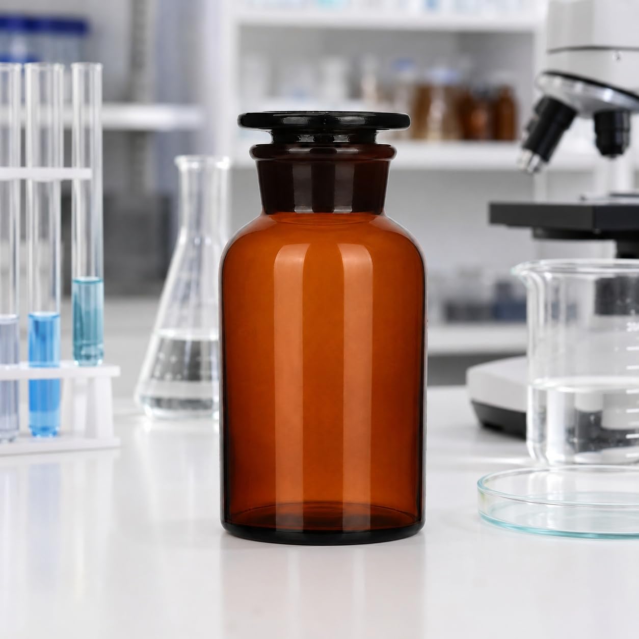 Bursztynowa Szklana Butelka do Odczynników Stałych Zatyczka-1000ml | Ochronne Bursztynowe Szkło Chroni przed Promieniowaniem UV i Degradacją