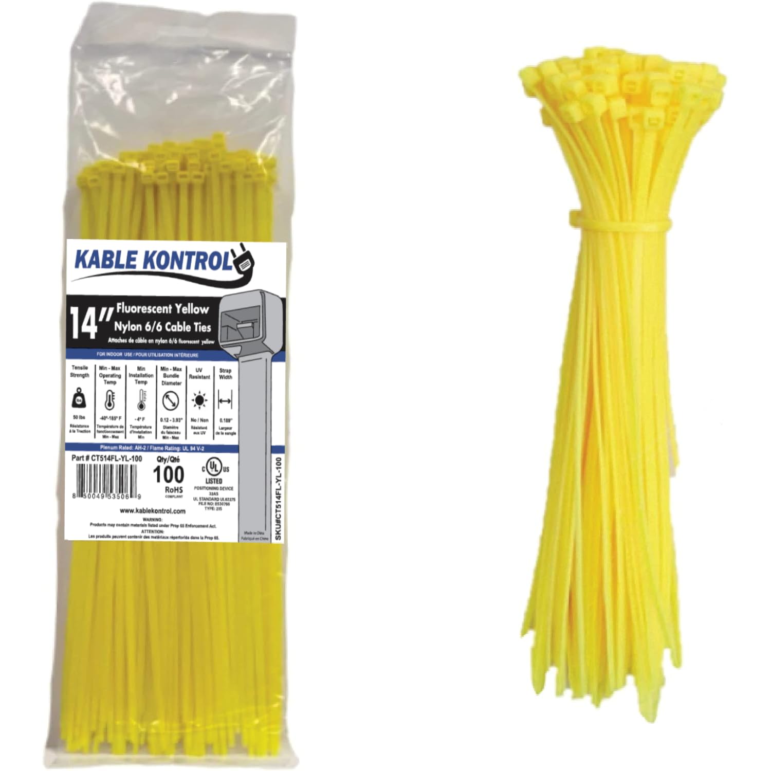 Kable Kontrol Bridas para cables, 14 pulgadas, 100 unidades, prueba de 50 libras, color amarillo | Plástico de nailon, autobloqueo, certificación UL, uso en interiores