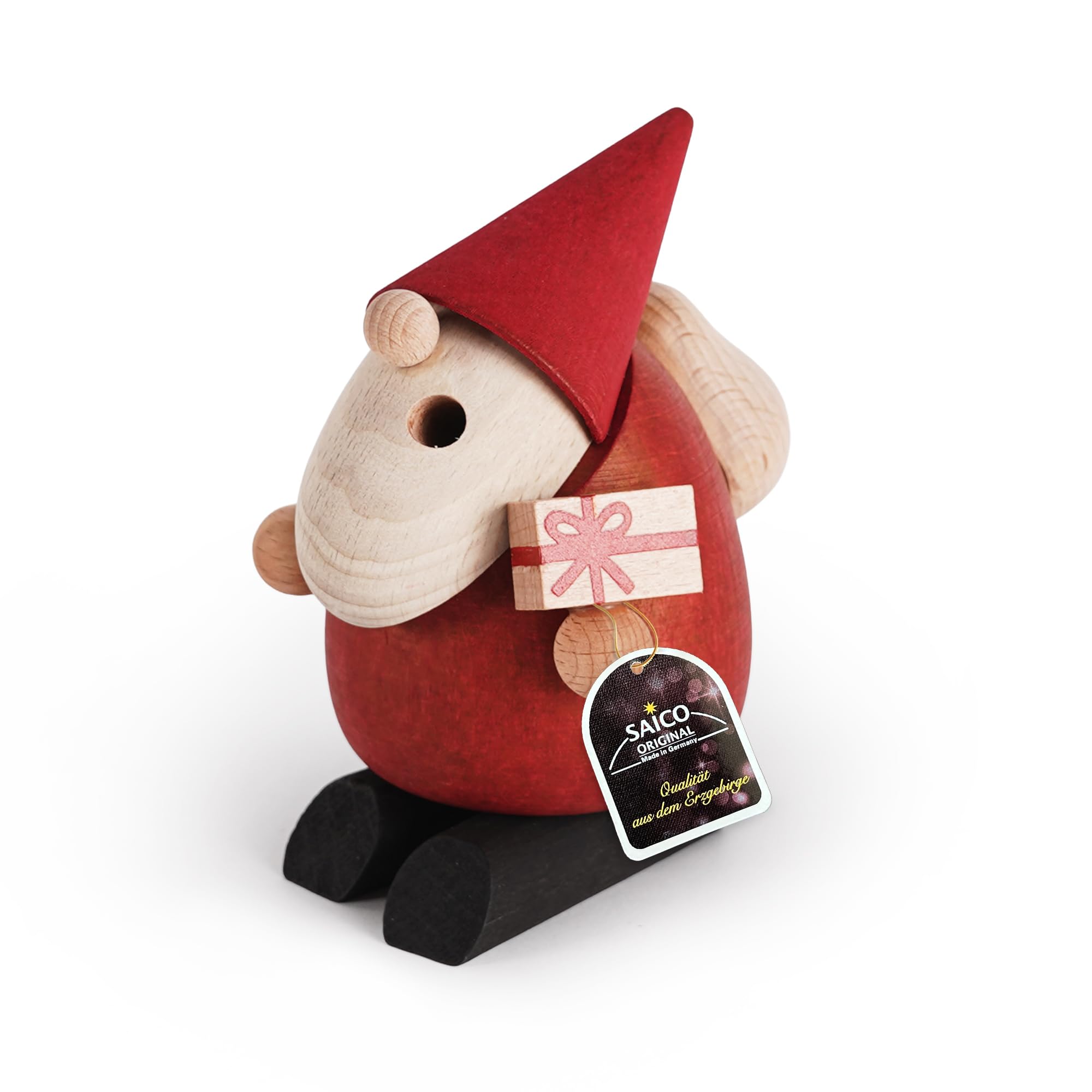 SAICO Räuchermännchen Weihnachtsmann Bescherung 11 cm - Handgefertigte Holzfigur inkl. Räucherfunktion - Erzgebirgische Handarbeit - Moderne Weihnachtsdekoration Made in Germany