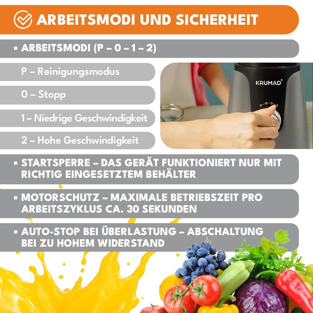 KRUMAD Blender kielichowy 1200W – Wysokowydajny blender z kielichem Tritan 1,2L (BPA Free), 2 prędkościami i funkcją pulsacyjną – Stalowe ostrza – Do smoothie, zup i koktajli