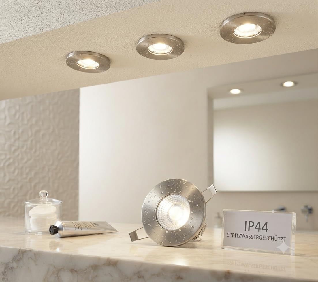 Trango 6er Set Einbaustrahler IP65 aus Edelstahl gebürstet 6729IP65-062MO inkl. 6x 5 Watt 3000K warmweiß Ultra Flach LED Modul für Bad, Dusche, Einbauspots, Deckenstrahler, Deckenlampe, Badleuchte