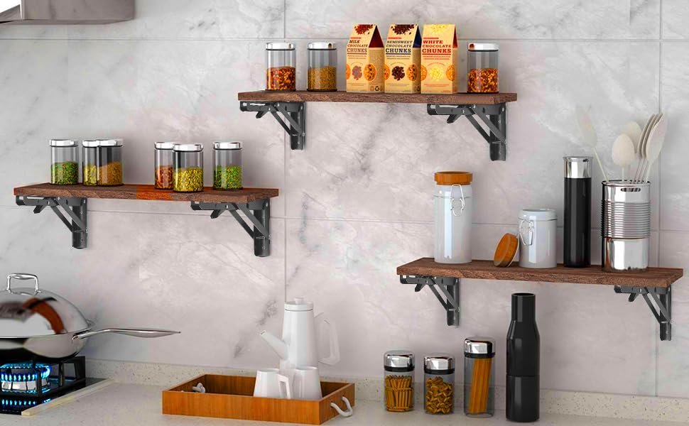 Image of Folding Shelf Brackets - Heavy Duty Metal Collapsible Shelf Bracket for Bench Table, Shelf Hinge Wall Mounted Space Saving DIY Bracket, Max Load: 150 lb (12 Inch 4 PCS, Black)