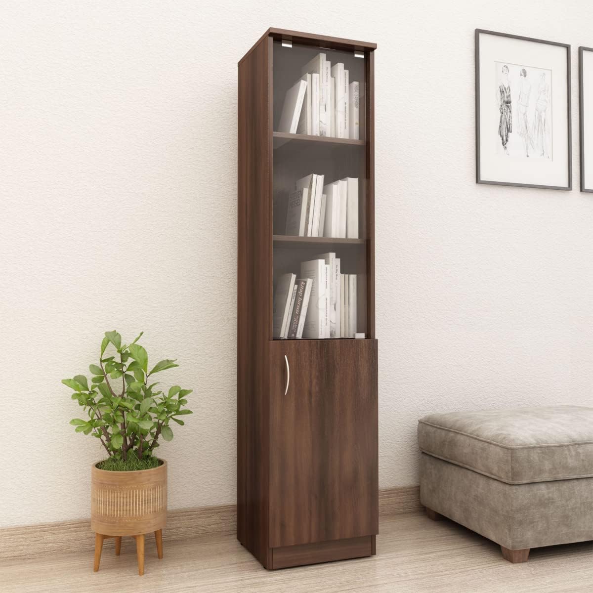 Home Centre Helios Lewis Heller Brown Engineered Wood Half Glass Tall Book Rack
