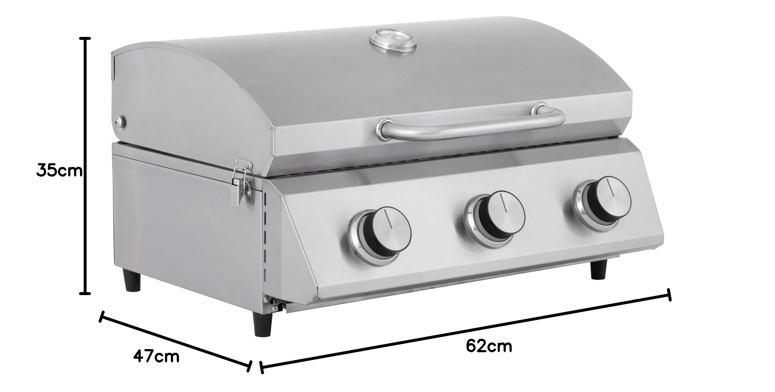 Tarrington House Barbecue à Gaz Portable CATHAN 3 Brûleurs, Acier Inoxydable, 6.6 kW, Couvercle avec Thermomètre, Allumage Piézoélectrique, Argent