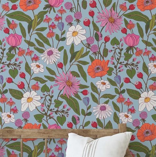 S4sassy Carta da parati decorativa autoadesiva, vivace fiore di campo, carta da parati ruvida in vinile impermeabile, blu, 63,5 x 914,4 cm, rivestimento murale rimovibile per affittuari, per camera da