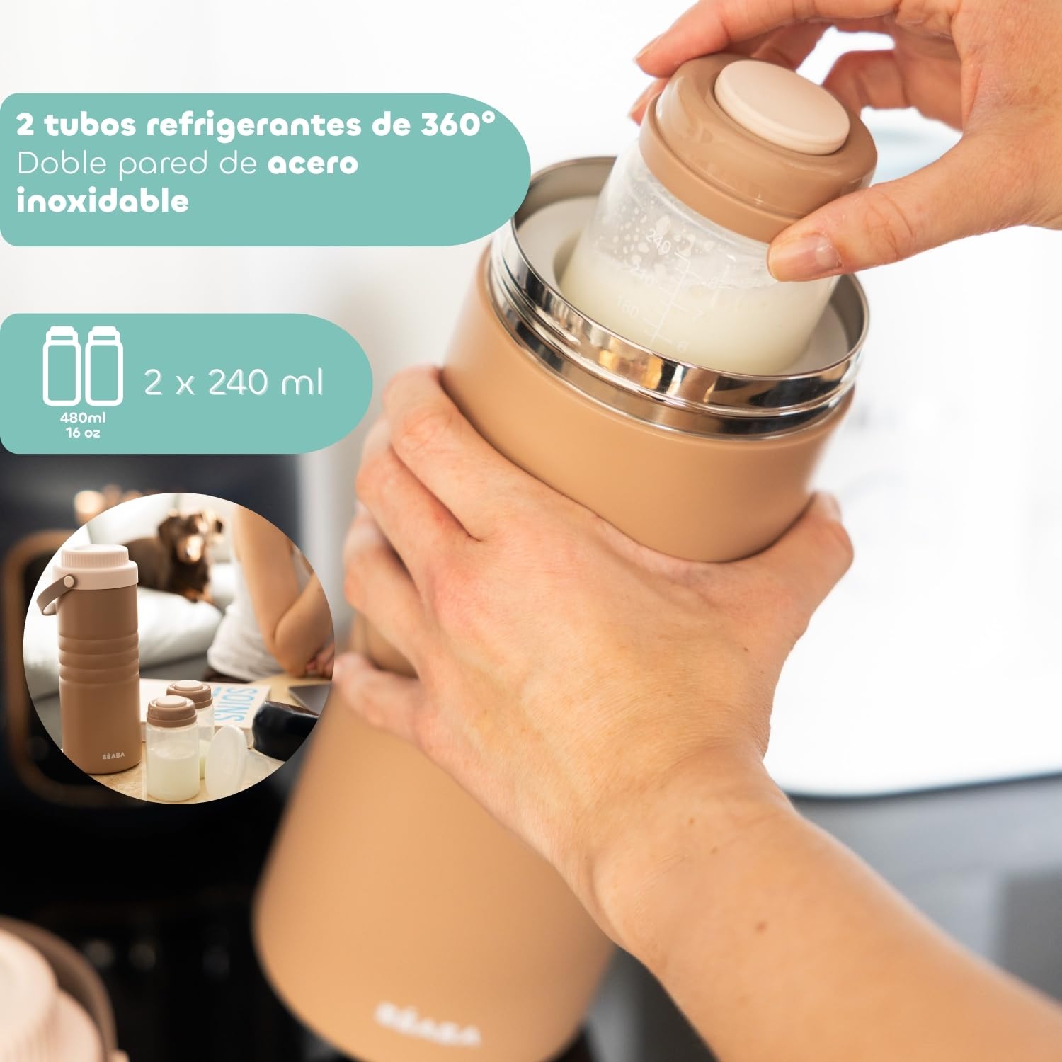 Beaba, Enfriador Nómada Leche Materna, Conservación hasta 24H Sin Electricidad, Refrigerador Acero Inoxidable Doble Pared Tubos Enfriadores 360°, Transporte y Almacenamiento Lactancia,480ml, Milk