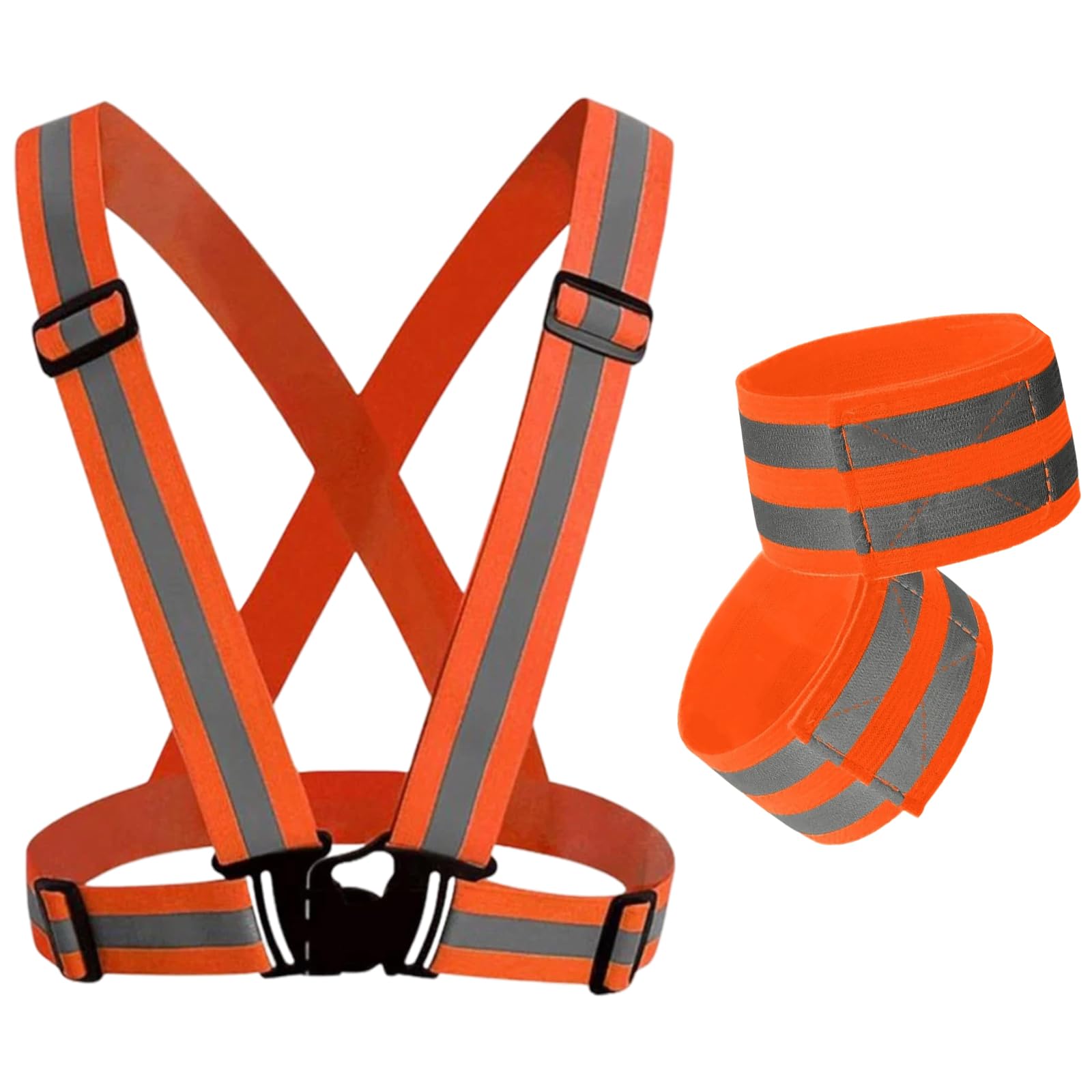 YSDINK Reflective Vest and Armbands Safety Set:Adjustable High Visibility Elastic Vest with 2 High Luminance Armbands for Night Running,Cycling,Jogging,Walking,Suitable for Men, Women, Kids (Orange)