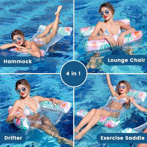 Image of 4 in 1 Pool Float Water Hammock | Inflatable Pool Lounger Chair | Drifter & Exercise Saddle | Mesh Fabric Floating Bed | Easy to Carry & Quick Dry | Adult Pool Float