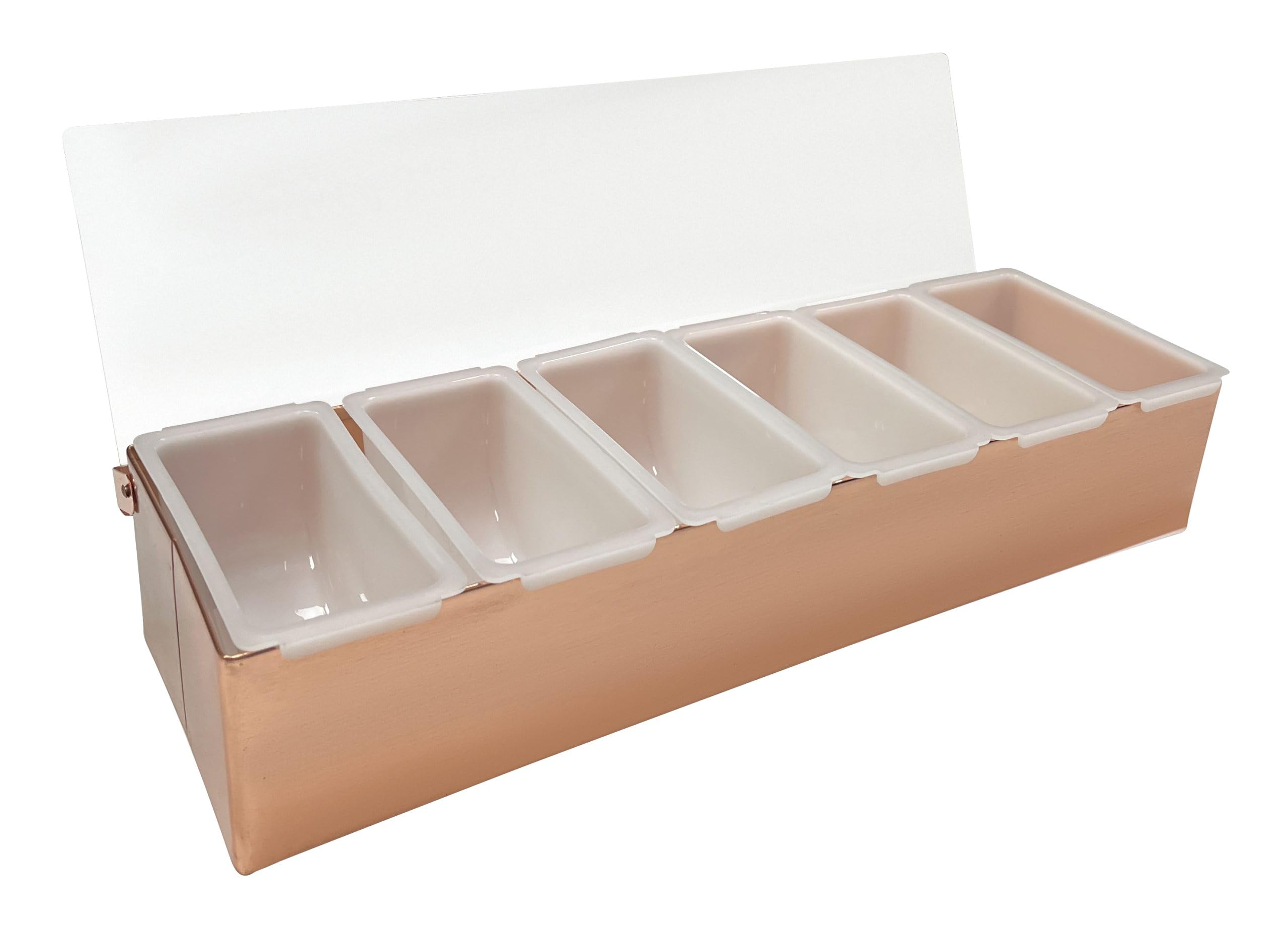 Beaumont 6 Compartment Condiment Holder Copper Plated - Lightweight, Clear Lid, Removable Inner Trays for Easy Clean, Kitchen Garnishes and Ingredients Organiser