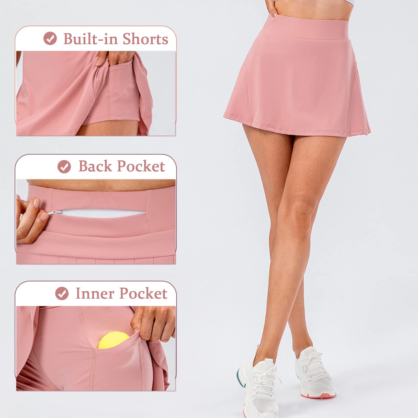 Tennisrock Damen Tennis Skort Damen, Faltenrock Golfrock mit Tasche & Innenhose für Laufen Tennis Golf Uv-Schutz Outdoor Reise