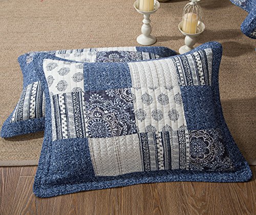 DaDa Bedding Denim Blue Elegance Patchwork Floral Bedspread Set - 100% Cotton Boho Chic Lightweight Quilted Coverlet - Striped Paisley Medallion Multi Colorful Ivory - California King - 3-Pieces - Image 6
