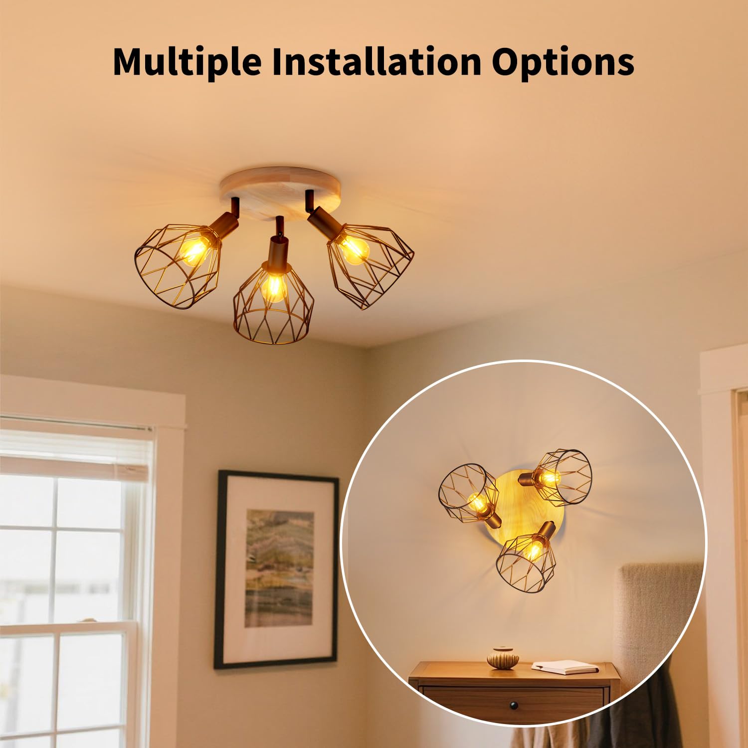 LVWIT Faretti LED da Soffitto Orientabili Nero, Faretto da Interno con 3 Lampadine LED E14, Base di Legno-Circolare, Faretti Soffitto Retrò per Barra, Salotto,Cameretta, Cucina (Lampadine Escluse)