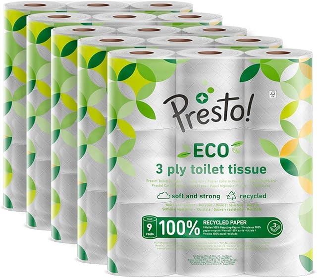 Amazon Brand - Presto! 3-Ply ECO Toilet Tissues, 45 Rolls (5 x 9 x 200 sheets)