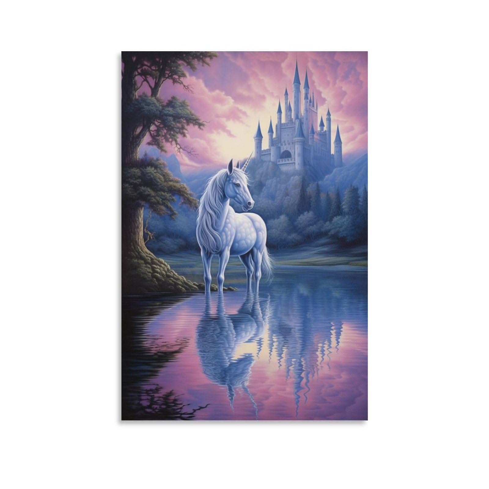 AYAROS White Unicorn Painting Poster Pink Sky Fantasy Castle Animal Canvas Wall Art Prints Painting for House Room Unframed 08x12 inch