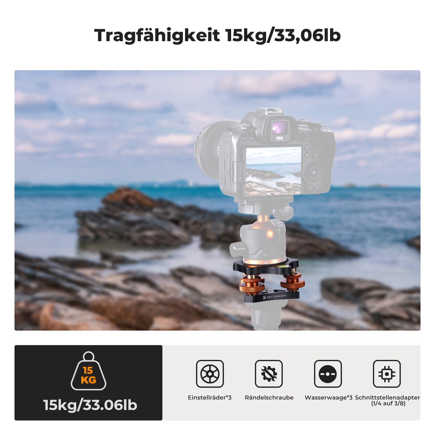 K&F CONCEPT Stativkopf Nivellierbasis, Aluminium Nivelliersockel, Nivellierbasis mit 3/8" Schraube,-5° präzise Winkeleinstellung,Dreirad Nivellier für Makro Panoramafotografie,mit 1/4 auf 3/8 Adapter