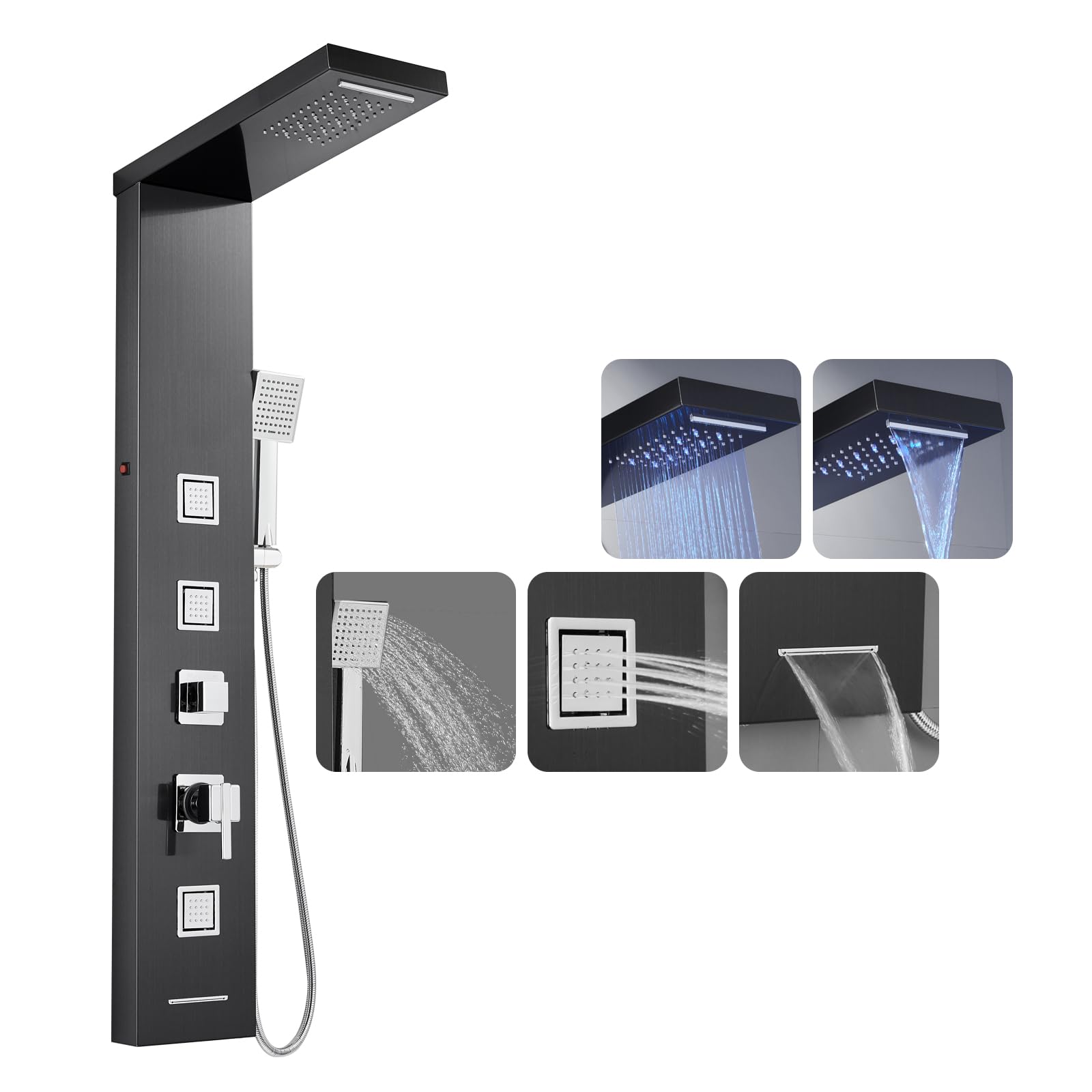 ROVOGO Shower Panel Tower System with LED Lights - Black Column Shower with Rainfall, Waterfall, Body Jets, Tub Spout and Handheld, Stainless Steel Shower Panel Column Tower, Wall Mounted