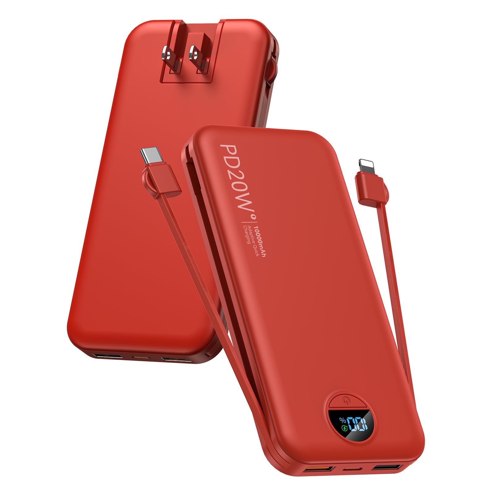 citicr Portable Charger 10000mAh PD20W w/Built-in Cables &amp; Wall Plug Red