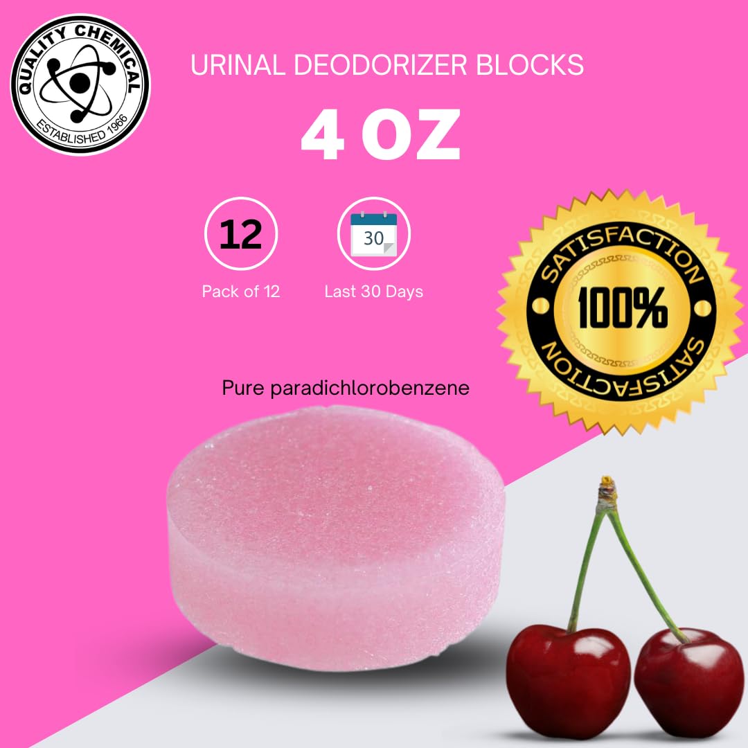 Quality Chemical Urinal Deodorizer Blocks - Cherry Scented Blocks for Urinals, Long-Lasting Fragrance for up to 30 Days - Great for Schools and Janitorial Use - 4 oz Block (Pack of 12)