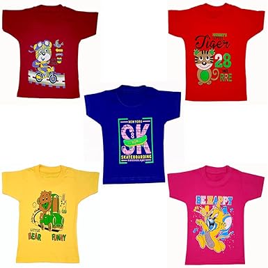 Baby Boys Regular 100% Cotton T-Shirt Combo - Set of 5 T-Shirts Red, Blue, Pink, Yellow and Maroon