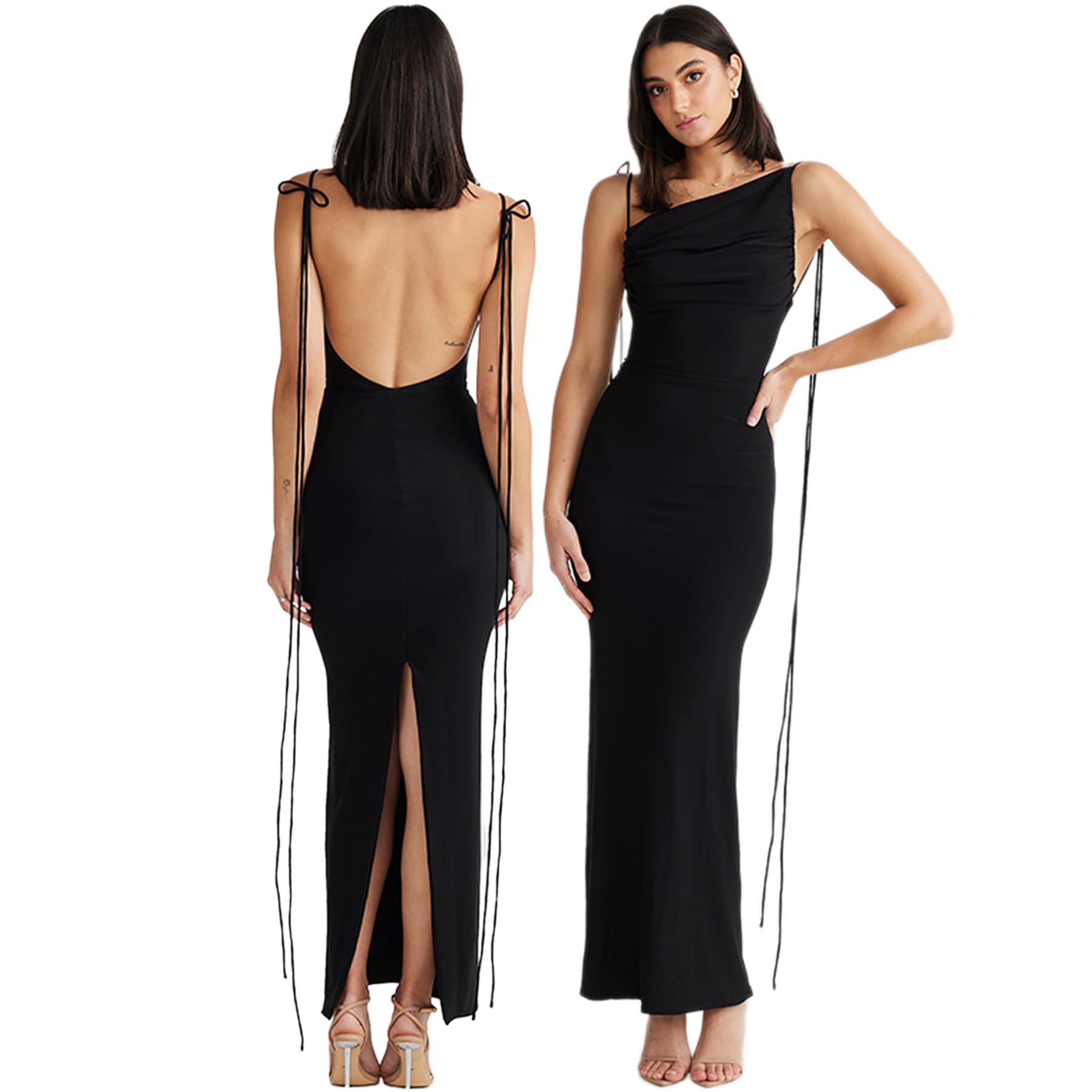 Hanaoops Women's Black Maxi Dresses For - Sexy Sleeveless Spaghetti Strap Long Dresses With Split Summer Racerback Bodycon Dress Solid Cami Lounge Elegant Slim Fit Evening Party Formal Dress