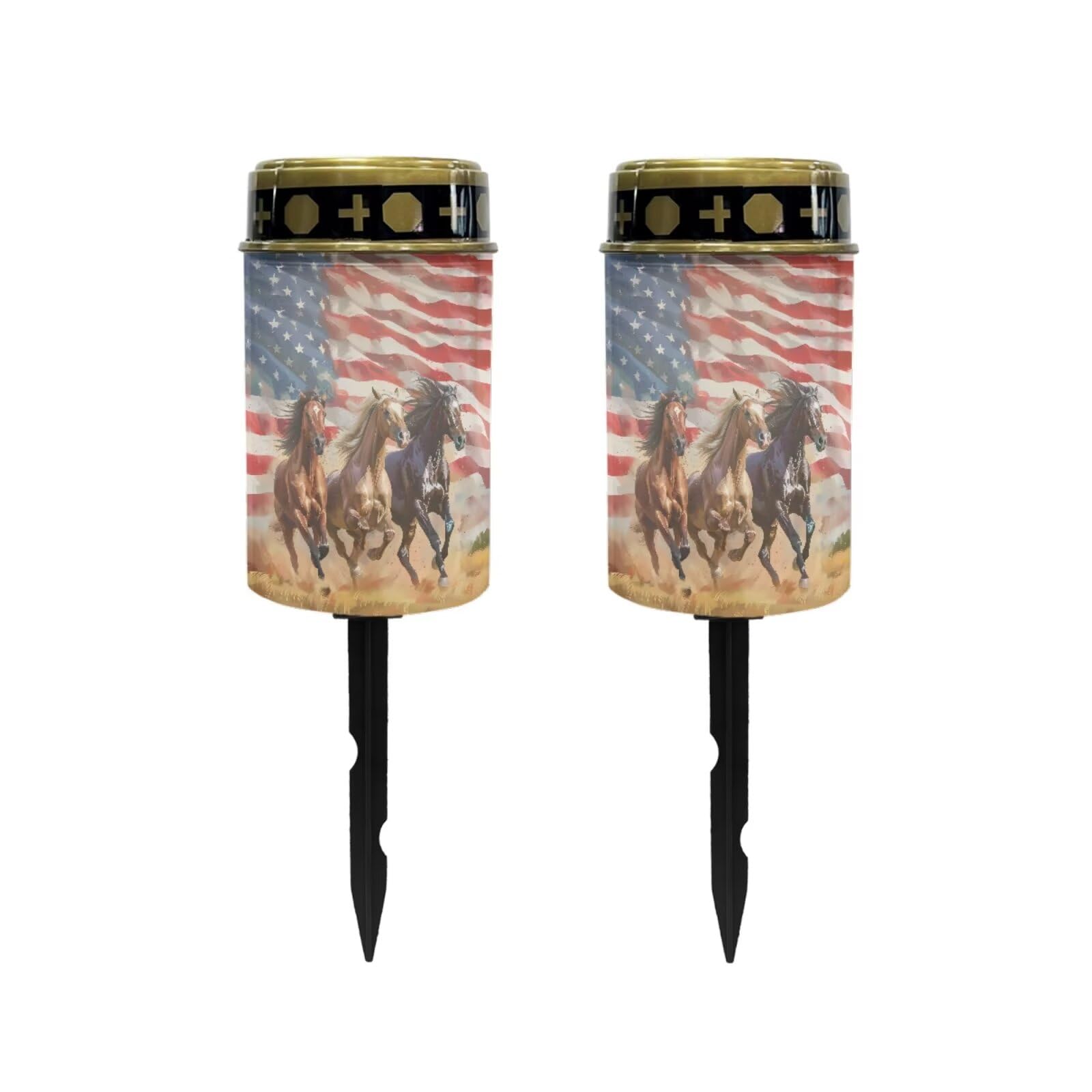 Poceacles Solar Candle Cemetery Solar Lights for Grave LED Garden Lights Solar Powered Solar Pathway Lights Outdoor Waterproof with Dusk to Dawn Sensor, Horse American Flag, Pack of 2