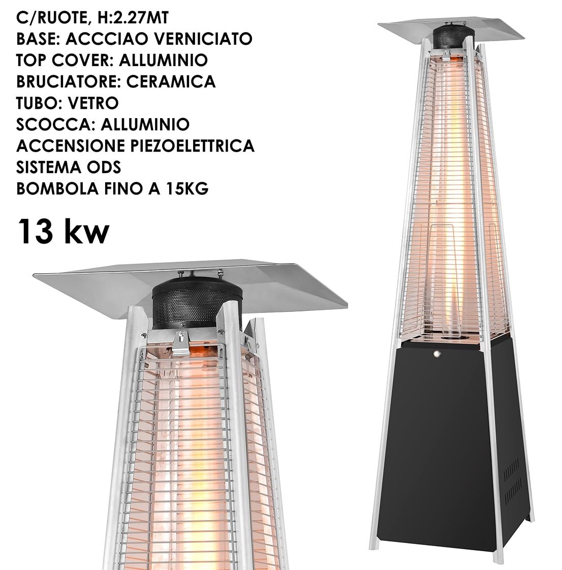 Stufa Fungo a Gas Riscaldatore Esterno a Fiamma 13 kW vano per bombola 15 kg Piramidale Piramidale Patio Heater, Giardino, Terrazzo, Bar