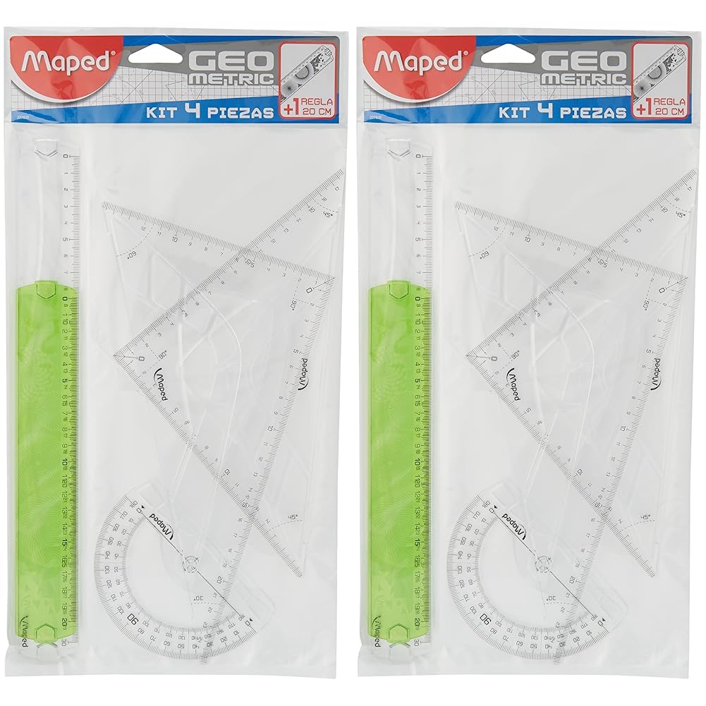 Maped 227835 - Kit trazado 4+1, regla de 30 cm, cartabón, escuadra, transportador y regla 20 cm, Colores Surtidos (Paquete de 2)