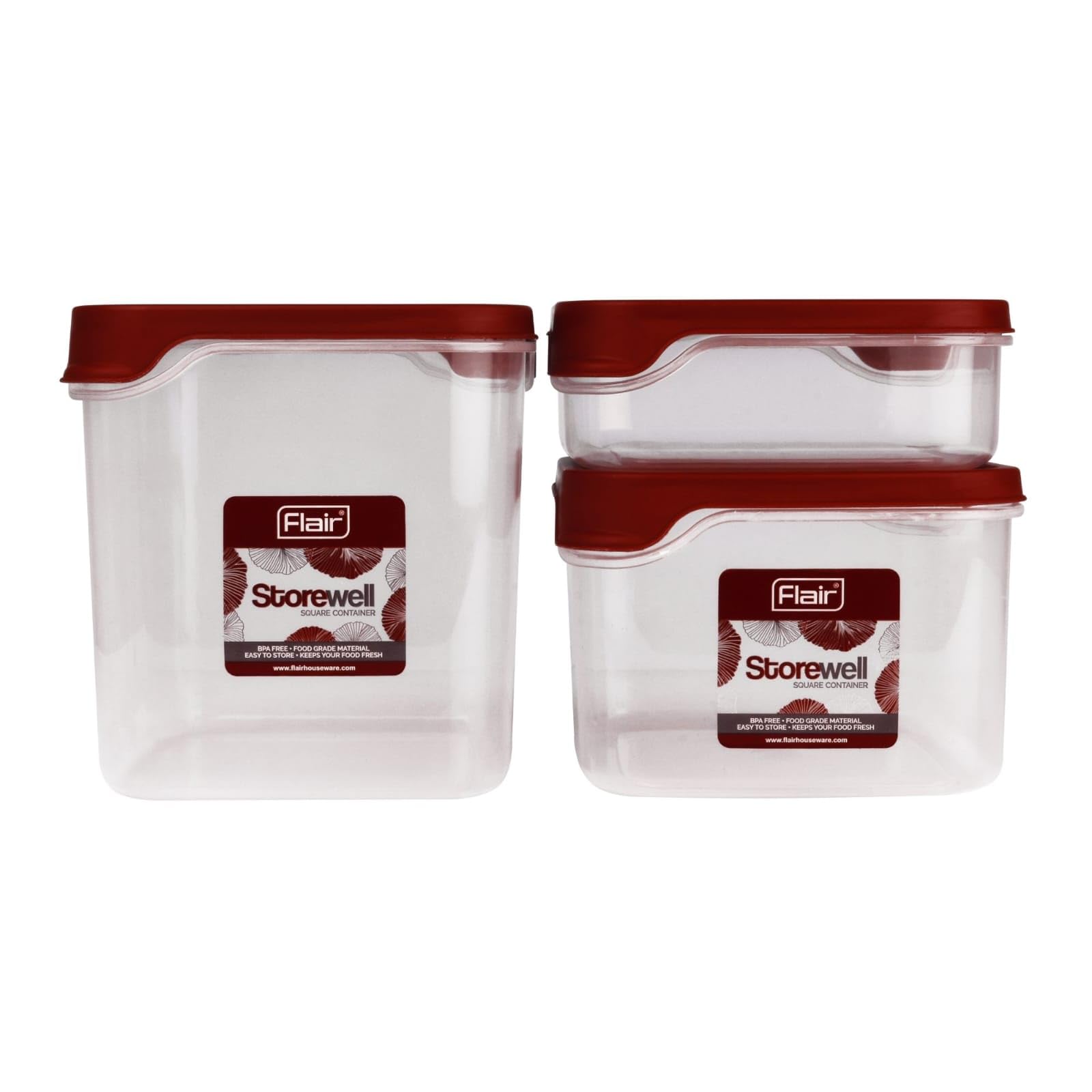 FLAIR Storewell Square Plastic Food Storage Container Set, Airtight Kitchen Containers for Rice, Atta & Grains, BPA-Free, Food Grade Storage Boxes (Maroon, Set of 5 (0.55L, 1.15L, 1.8L, 2.4L, 3L))