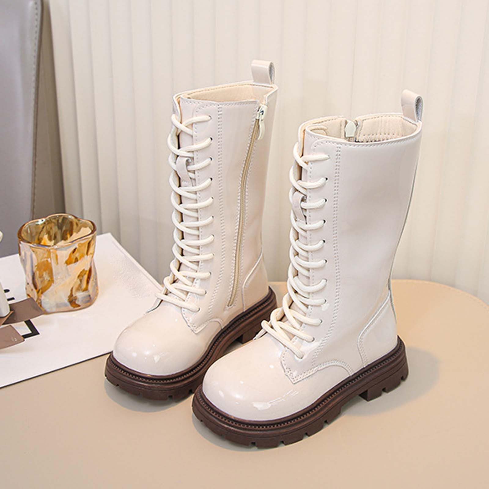 Mädchen Stiefel Langschaft Schnürstiefel Leder Glänzende Boot