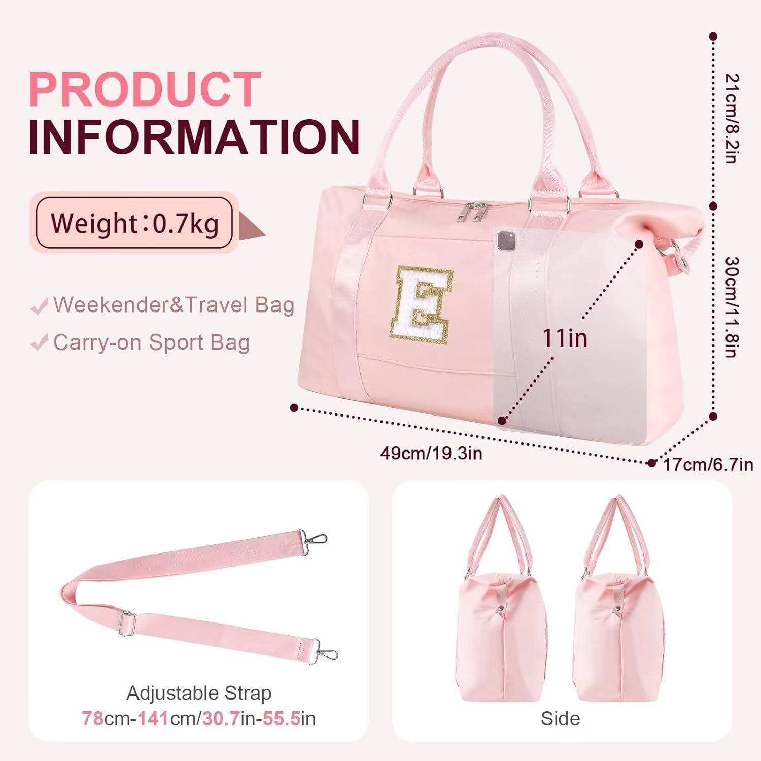 Dance Gym Duffel Bag for Teen Girls, Personalized Initial Travel Weekender Bag,Cute Overnight Carry On Duffle for Women,Sports Travel Cheer Bag,Monogram Christmas Gifts for Tween Preppy(pink-E) - Image 2