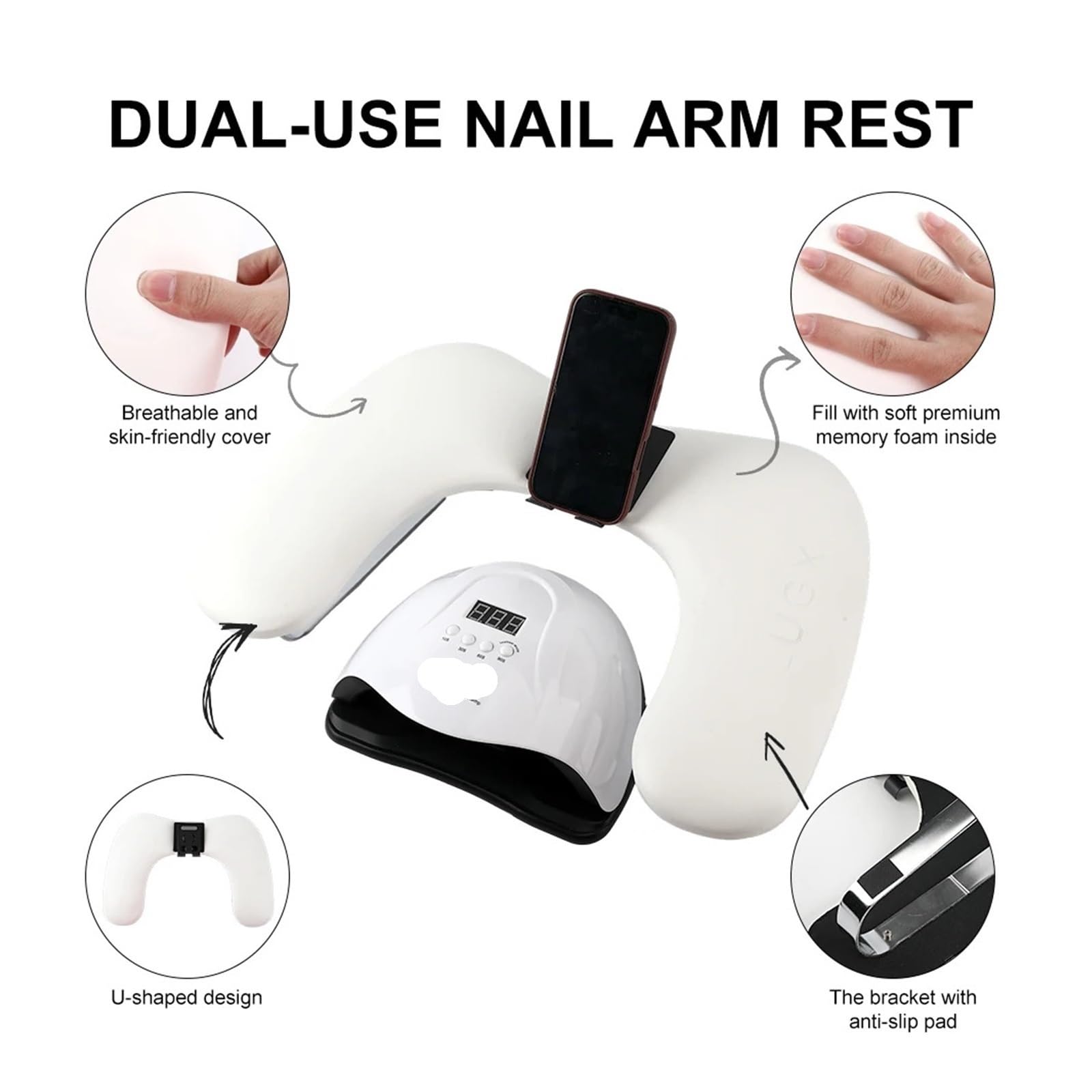 Cuscino poggiabraccia per manicure, Nail Armrest with Phone Holder, Leather, Multicolor, for Salon(Black)