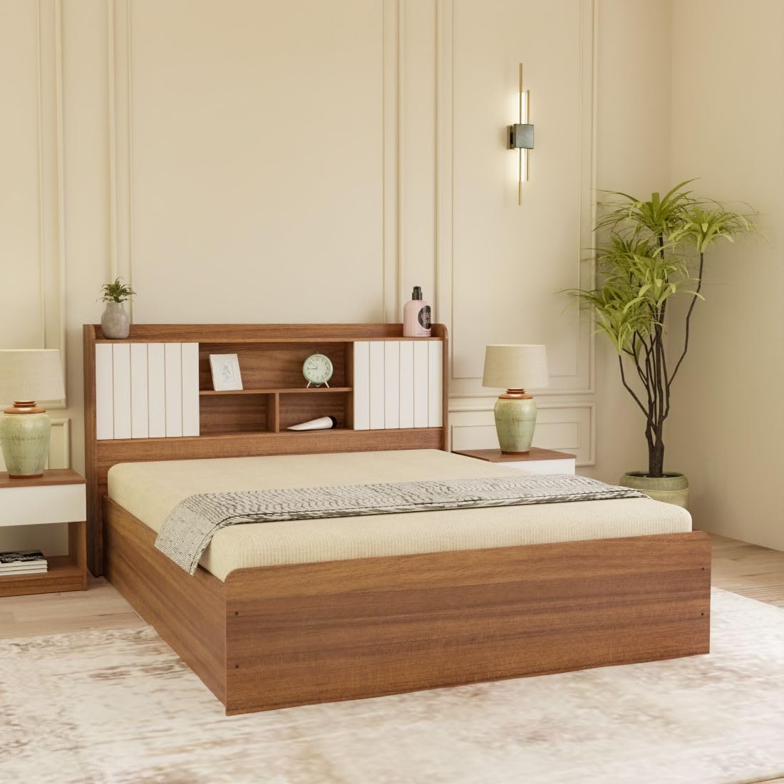 Amber Box Storage Bed, Queen Size, Leon Teak Finish, Multiple Door Options, with Headboard Storage (Leon Teak Fluted Door, Queen)-image-8