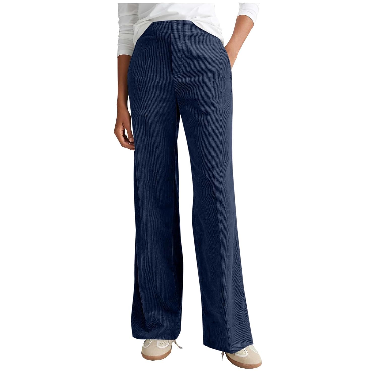 Corduroy Pants for Women Casual Elastic High Waisted Trousers Loose Fit Straight Leg Wide Leg Pants with Pockets