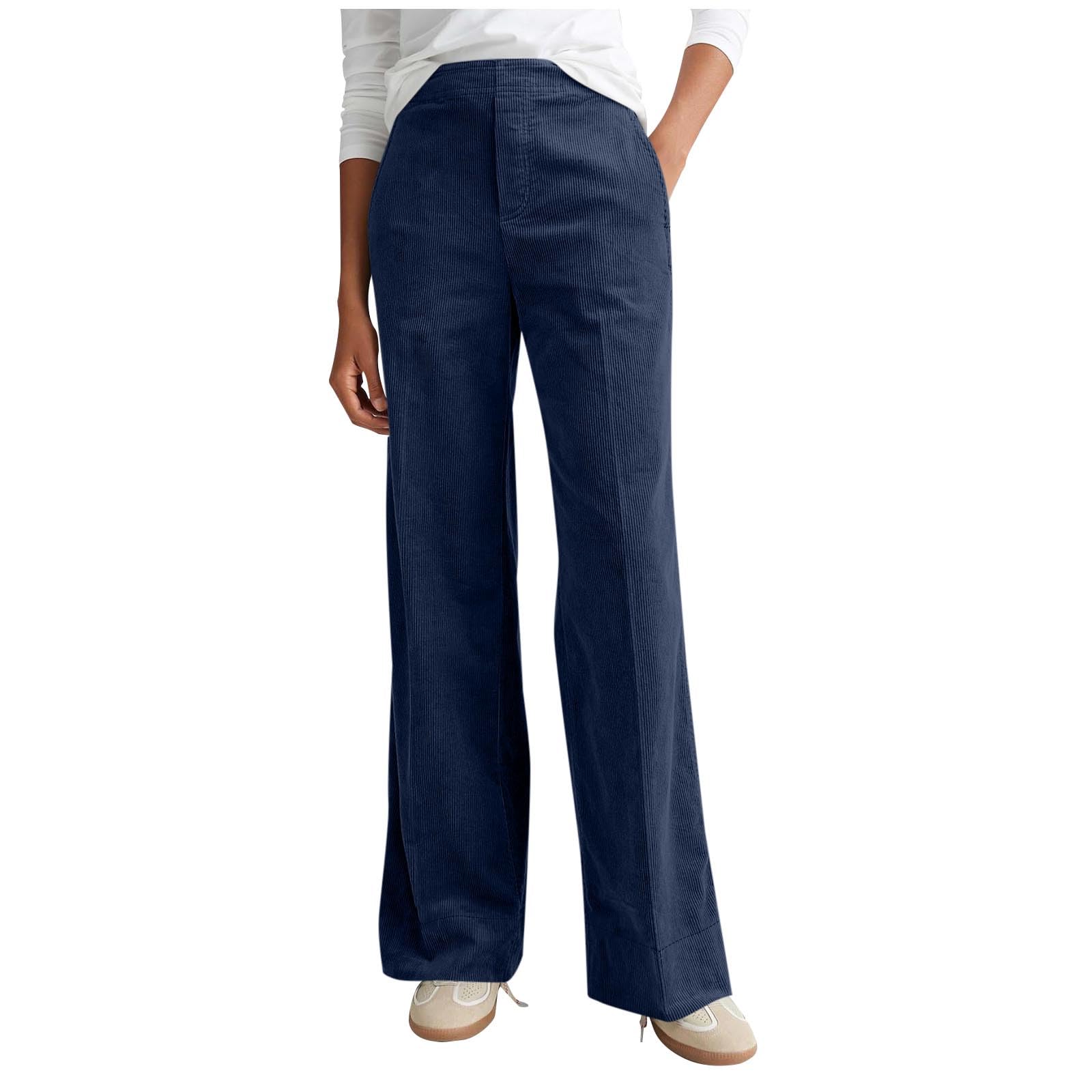 Corduroy Pants for Women Casual Elastic High Waisted Trousers Loose Fit Straight Leg Wide Leg Pants with Pockets