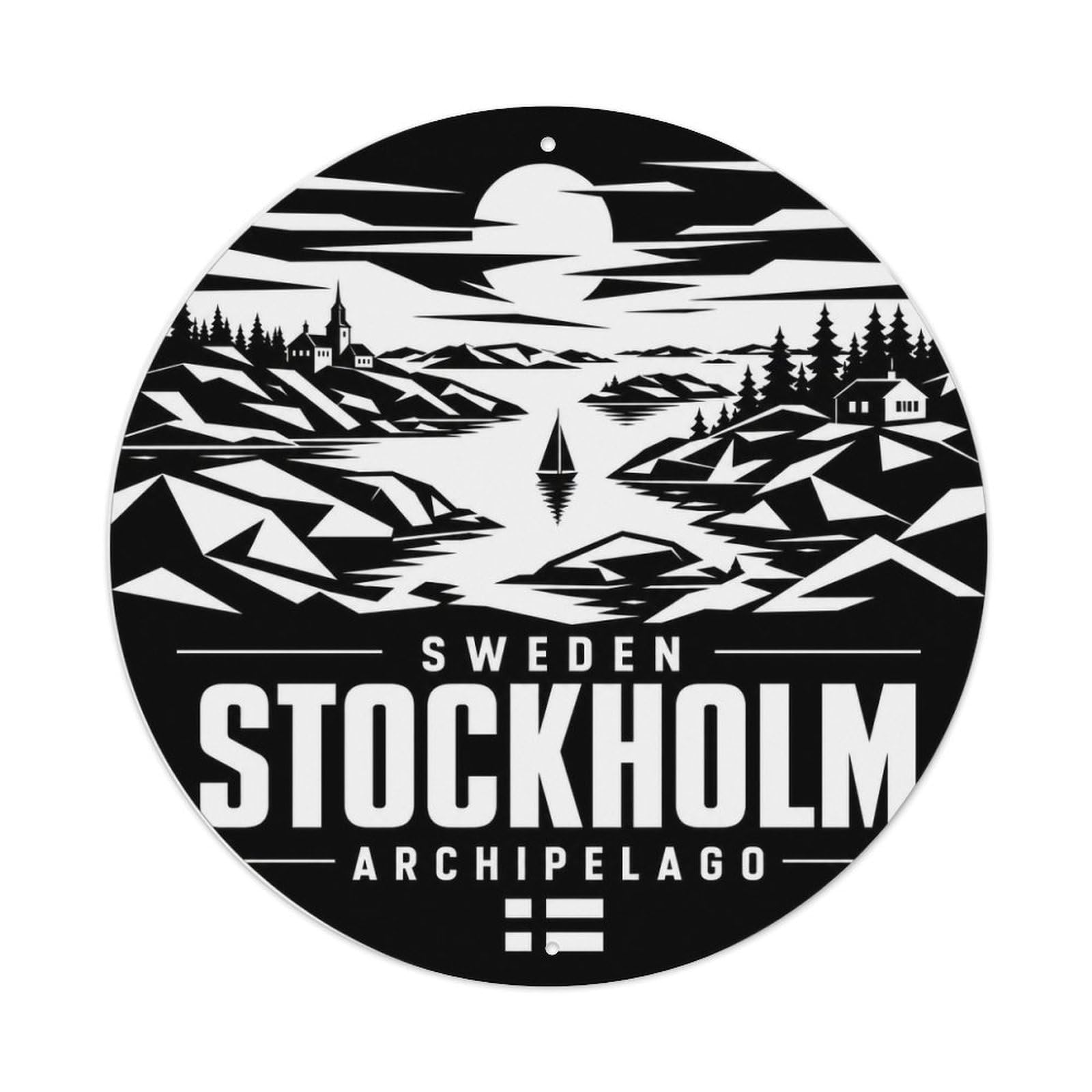 Stockholm Archipelago Nordic Monochrome Harbor Landmark Metal Tin Sign Plaque Wall Decor for Cafe, Man Cave, Club Bar, Office, Home Garden Round Metal Poster 8x8Inch