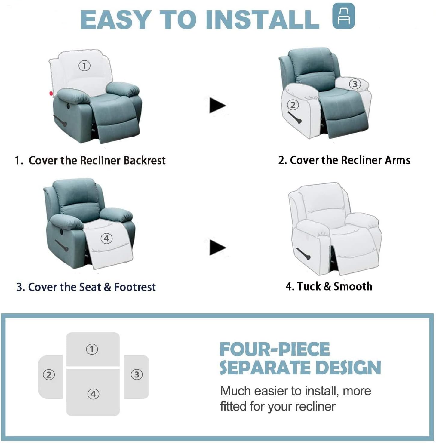 Stretch Recliner Chair Covers, 4 Pieces Soft Recliner slipcover ecliner Covers for Recliner Chair Sofa Cover Recliner armchairs Non-Slip Washable Recliner Chair Cover Furniture Protector