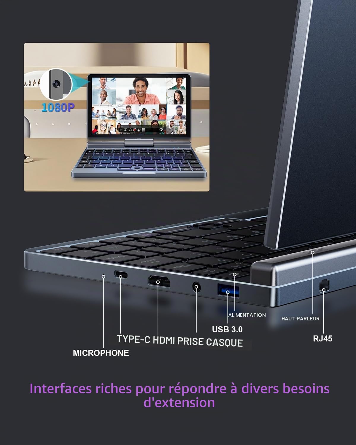 Mini Ordinateur Portable 2 en 1 N150 12 Go RAM 512 Go SSD écran Tactile Rotatif HD Windows 11 Pro
