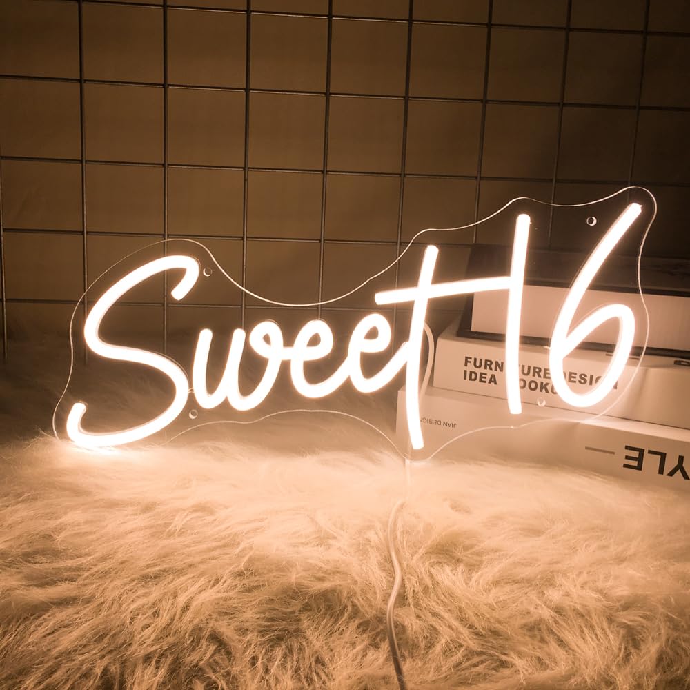 16.8 Inch Sweet 16 Neon Sign, USB Powered with Dimmer Switch 16th Birthday Party Sign, Sweet Sixteen Party Supplies, Happy 16th Birthday Decorations for Girls (Warm white)
