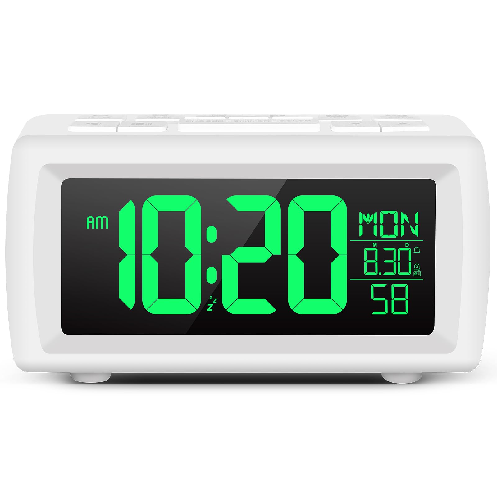 Alarm clock bedside,Digital clocks radio alarm for Bedrooms with Power cord,Large Big Numbers desk clock with Brightness Dimmer,7 Font colors, Dual Alarm(Buzzer/FM Radio)with Sleep Timer,Snooze,White