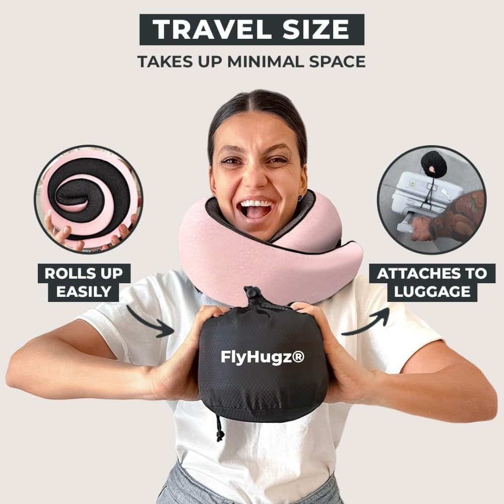 FlyHugz® Neck Travel Pillow | Memory Foam Neck Pillow for Comfort on Airplane | Compact and Ergonomic Design for Travel, Car Rides, and Home Use | Ideal for Adults and Kids (Pink) - Image 4