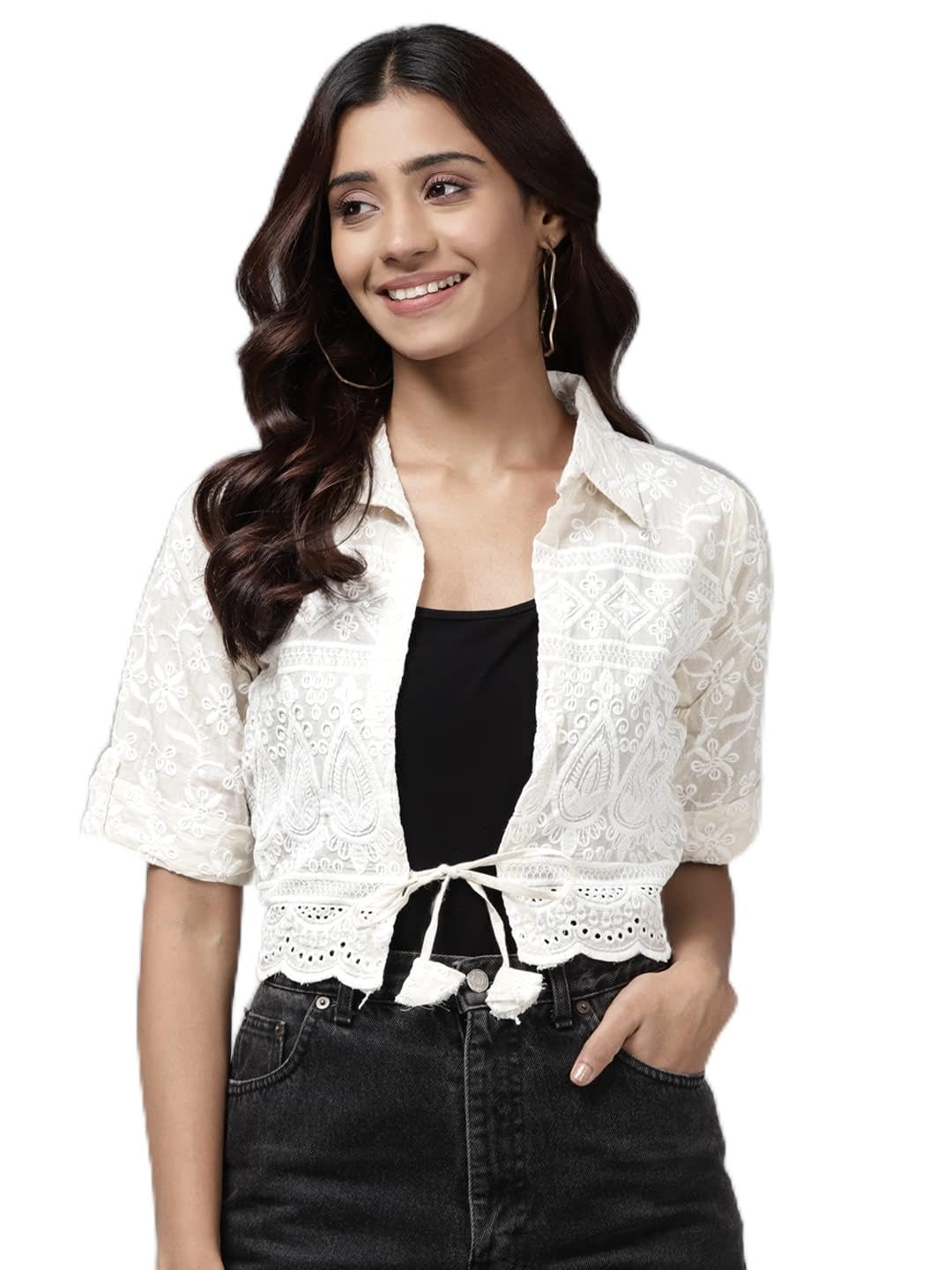 Indo Era Women's Cream Color Chiken Ethnic Jacket in cream