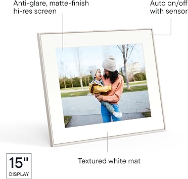 Aura Walden 15 WiFi Digital Picture Frame | Wirecutter's Best Digital Frame for Gifting | Send Photos from Your Phone | Quick, Easy Setup in Aura App | Free Unlimited Storage | White Clay