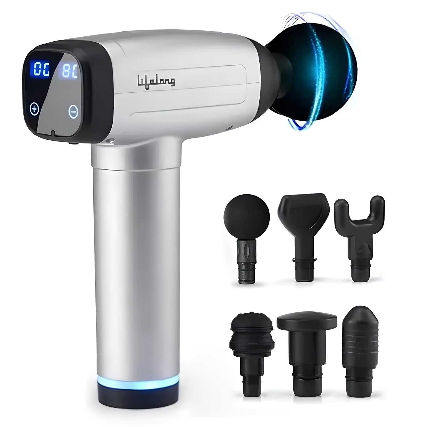 Lifelong Gun Massager | Percussion for Full Body Pain Relief | 6 Heads | LED Touch | 30 Speed Levels | Premium Bag | 1 Year Warranty (LLGM18, Silver)