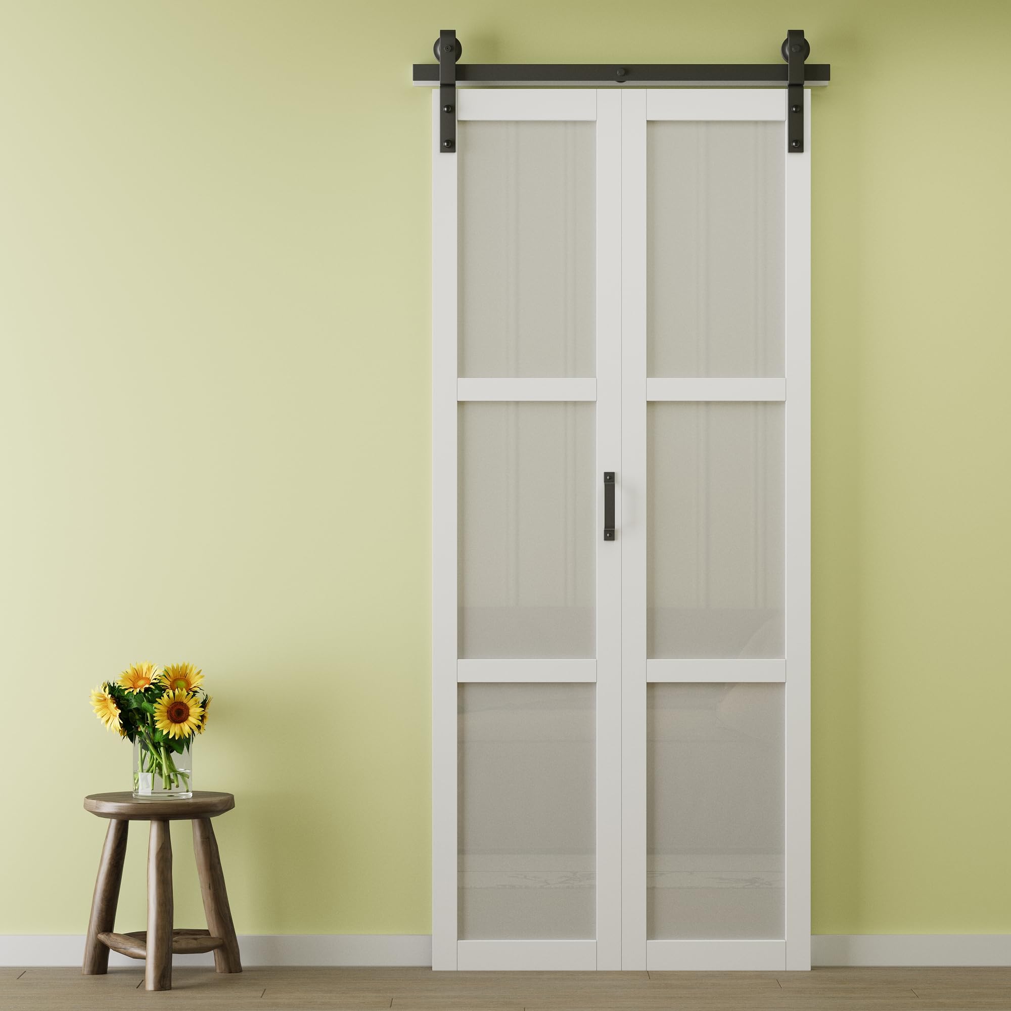 CRUTOP Preassembled Panels & Paintable Bifold Barn Doors, Fingerprint-Resistant 3 Panel Tempered Frosted Glass Bi Fold Barn Door, Solid Core Folding